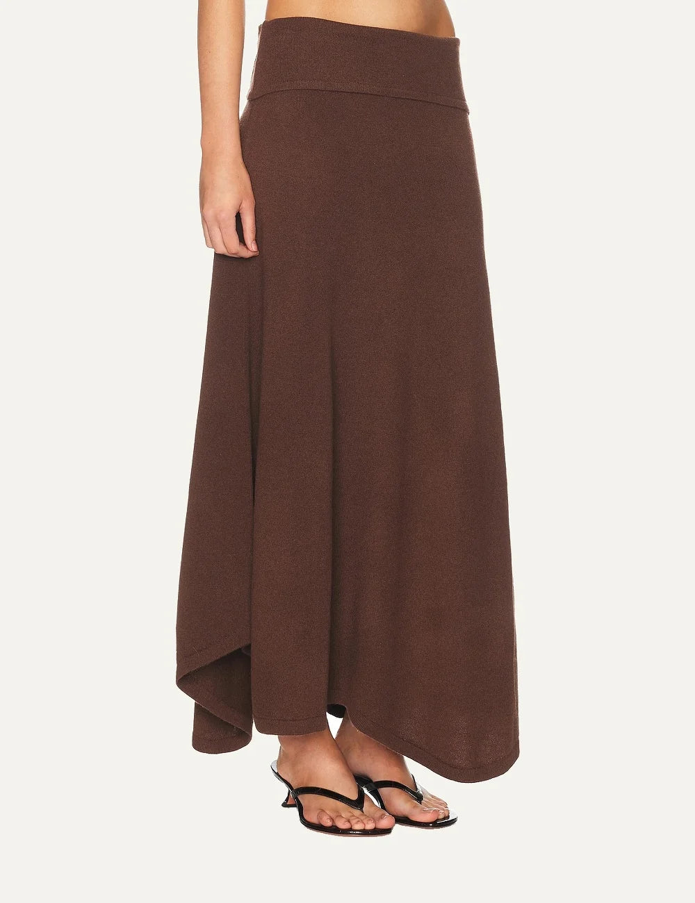 Women's Aya Muse brown maxi knit skirt in wool and cashmere blend with fold-over waistband and asymmetric hem side
