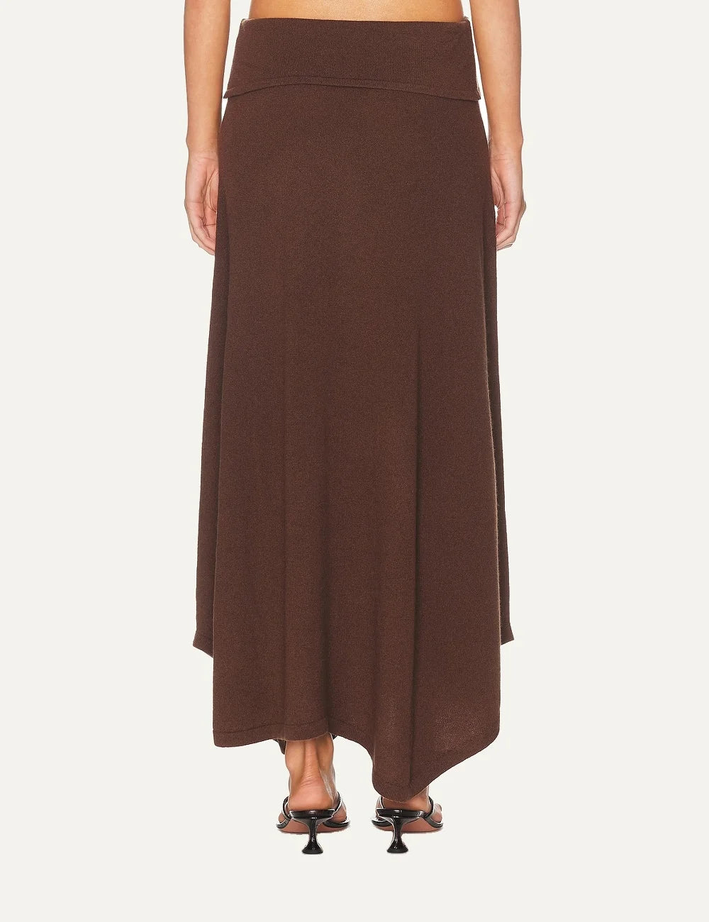 Women's Aya Muse brown maxi knit skirt in wool and cashmere blend with fold-over waistband and asymmetric hem back