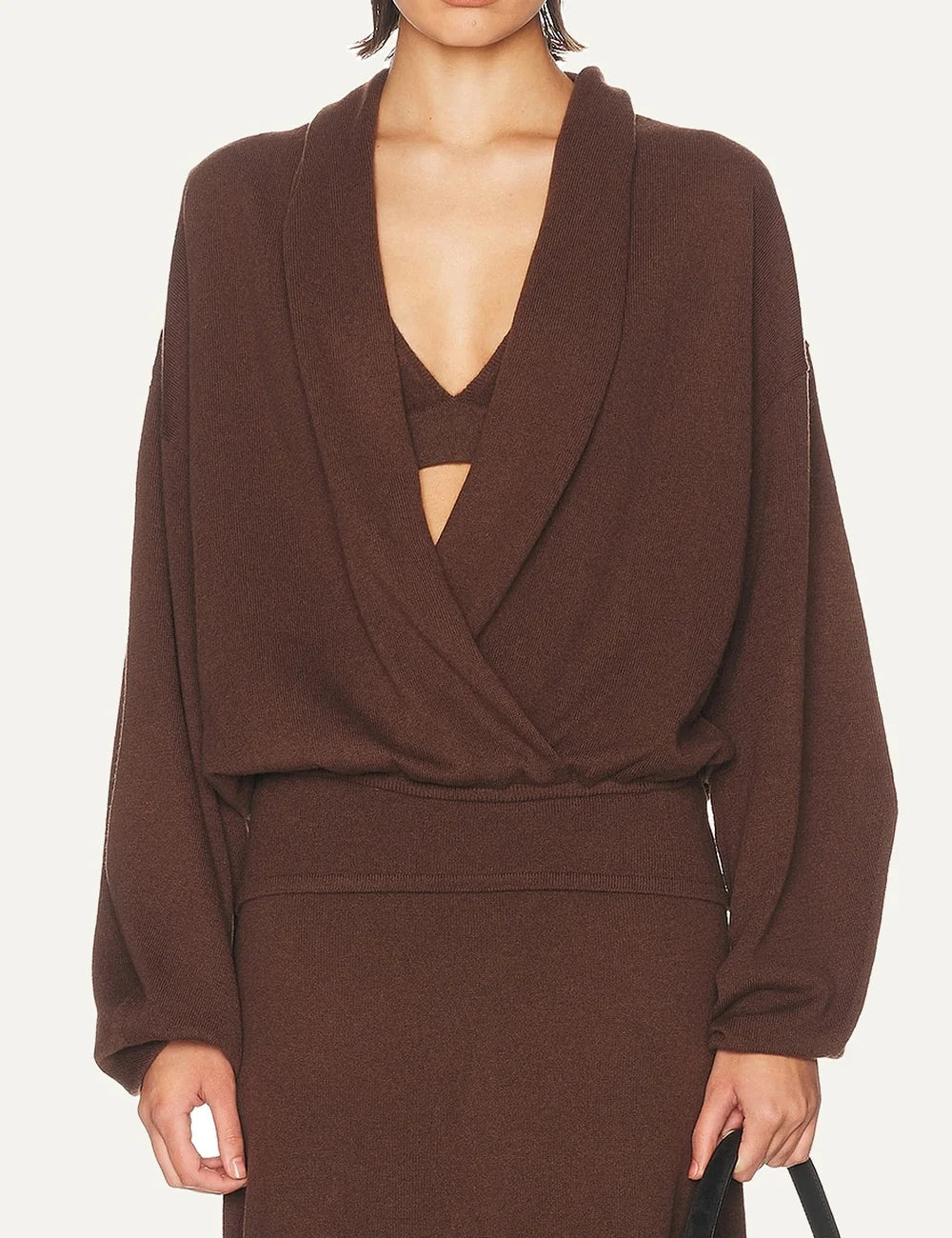 Women's Aya Muse brown wool and cashmere knit top with plunging neckline, wrap front, long sleeves and twist detail full body