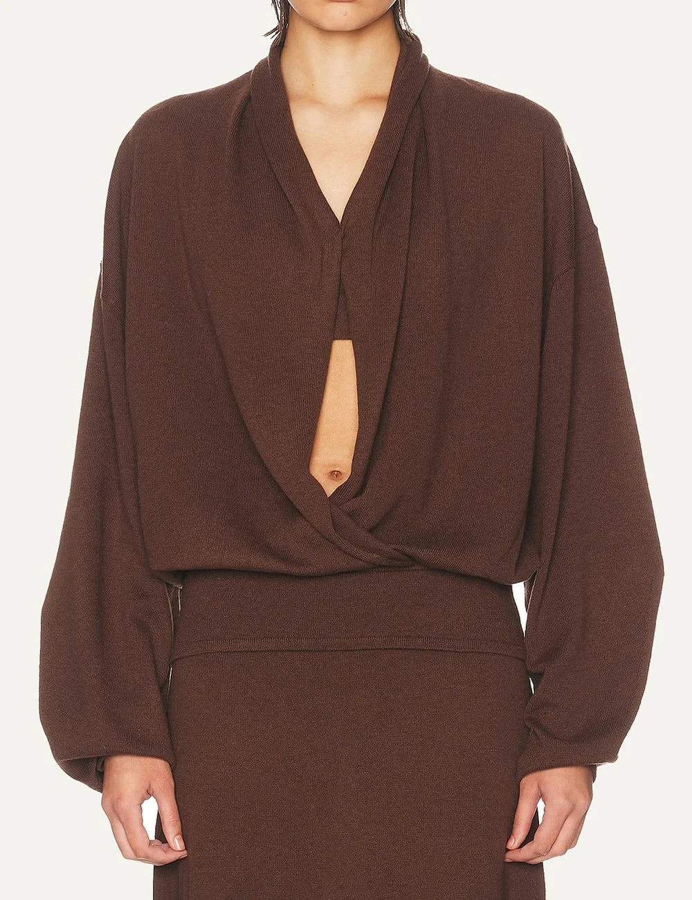 Women's Aya Muse brown wool and cashmere knit top with plunging neckline, wrap front, long sleeves and twist detail