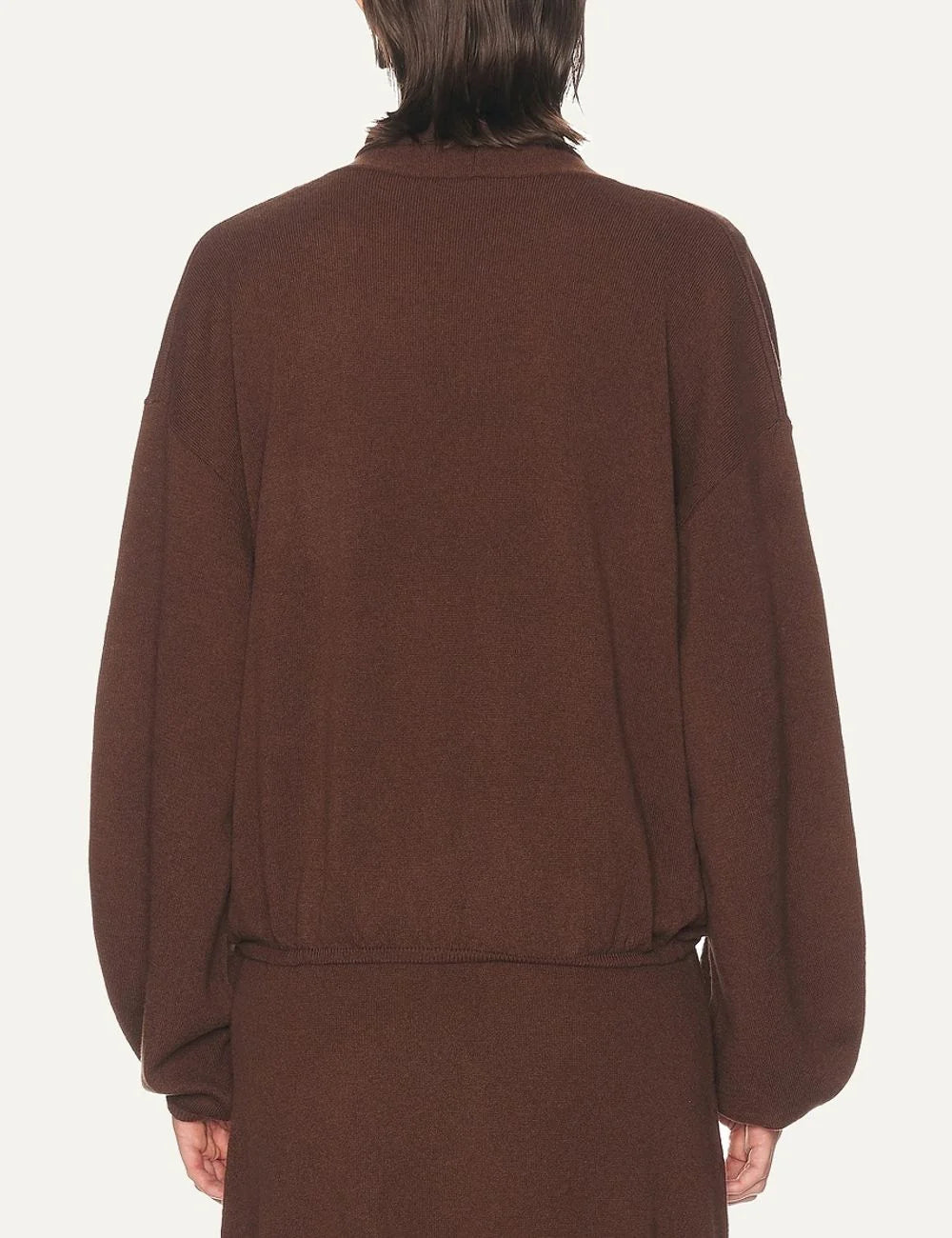 Women's Aya Muse brown wool and cashmere knit top with plunging neckline, wrap front, long sleeves and twist detail back