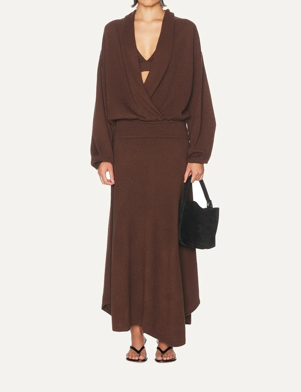 Women's Aya Muse brown wool and cashmere knit top with plunging neckline, wrap front, long sleeves and twist detail full body