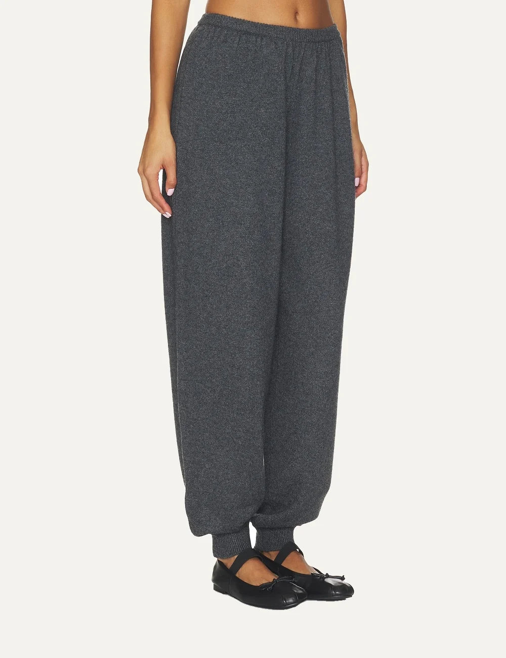 Women's Aya Muse dark grey knit pants in wool, viscose and cashmere blend with elasticated waist and ankle cuffs full body model