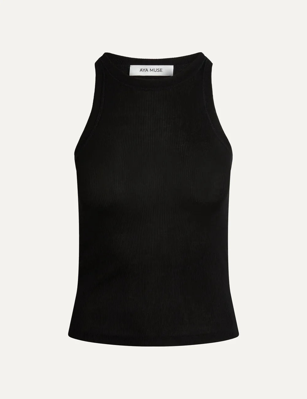 Women's Aya Muse black ribbed sleeveless tank top with a fitted silhouette and high round neckline