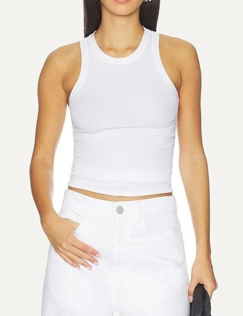 Women's Aya Muse white high neck tank top crafted from organic cotton blend with a fitted silhouette and lightweight ribbed finish