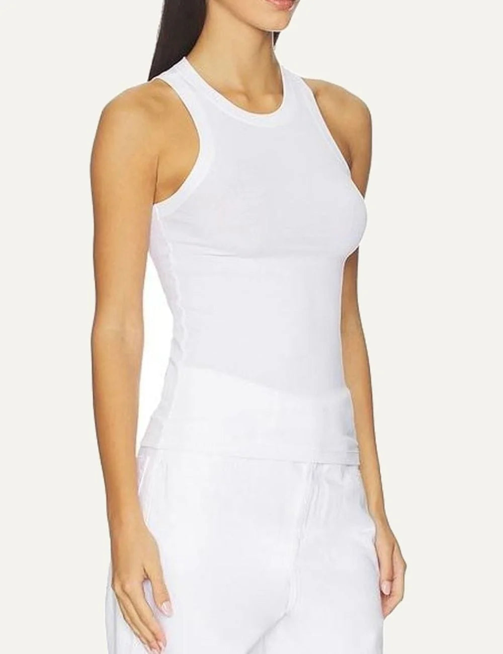 Women's Aya Muse white high neck tank top crafted from organic cotton blend with a fitted silhouette and lightweight ribbed finish side