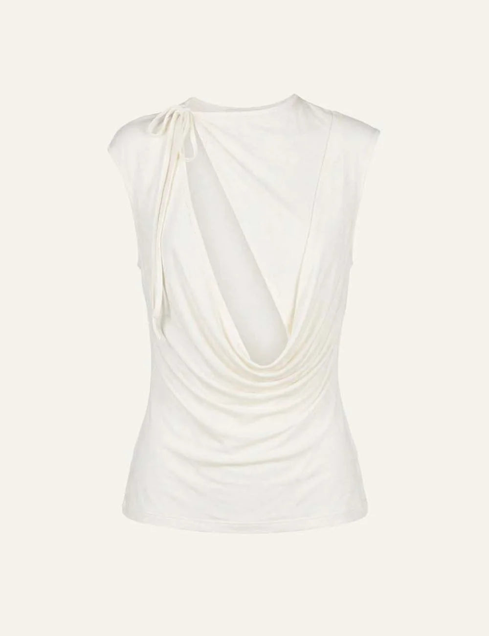 Women's Aya Muse white cupro-blend top with boat neckline, asymmetrical front cut-out, draped construction and self-tie detail