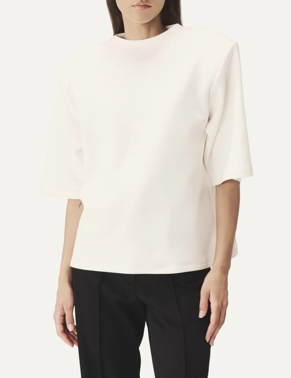 AYME Milano women 22 white structured cotton jersey T-shirt with padded shoulders front view
