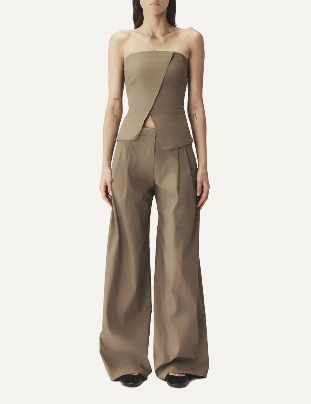 AYME Milano women Anya brown strapless cotton gabardine corset with asymmetric front detail full look