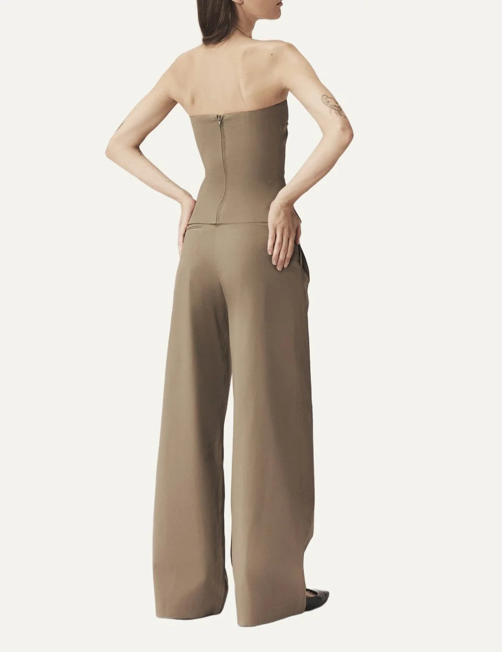 AYME Milano women Anya brown strapless cotton gabardine corset with asymmetric front detail back details full look
