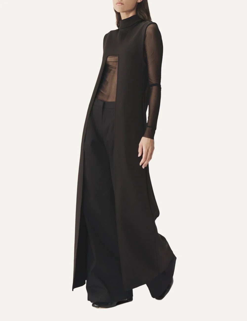 AYME Milano women Avy black sleeveless long scuba top with high neck and front opening side view