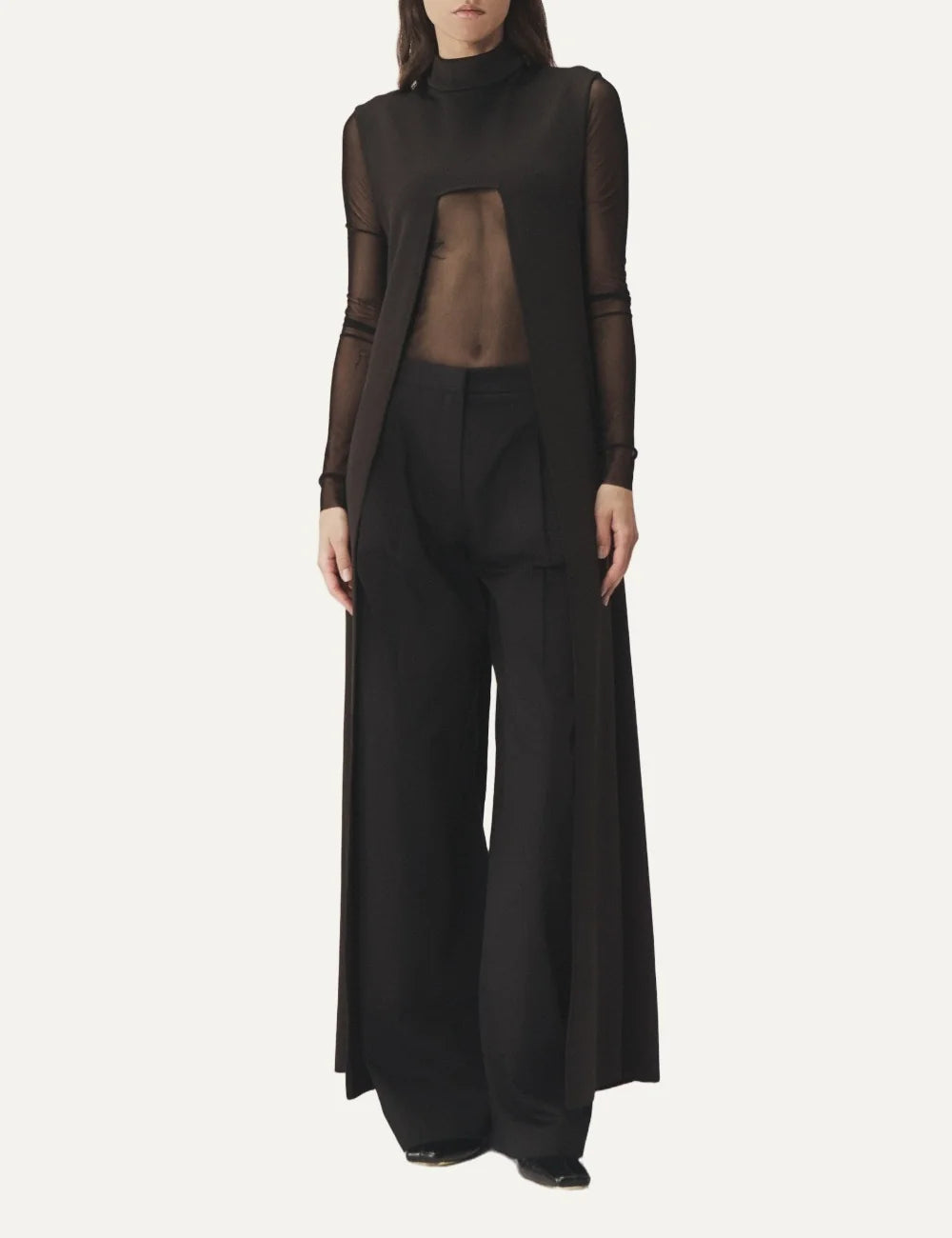 AYME Milano women Avy black sleeveless long scuba top with high neck and front opening front view