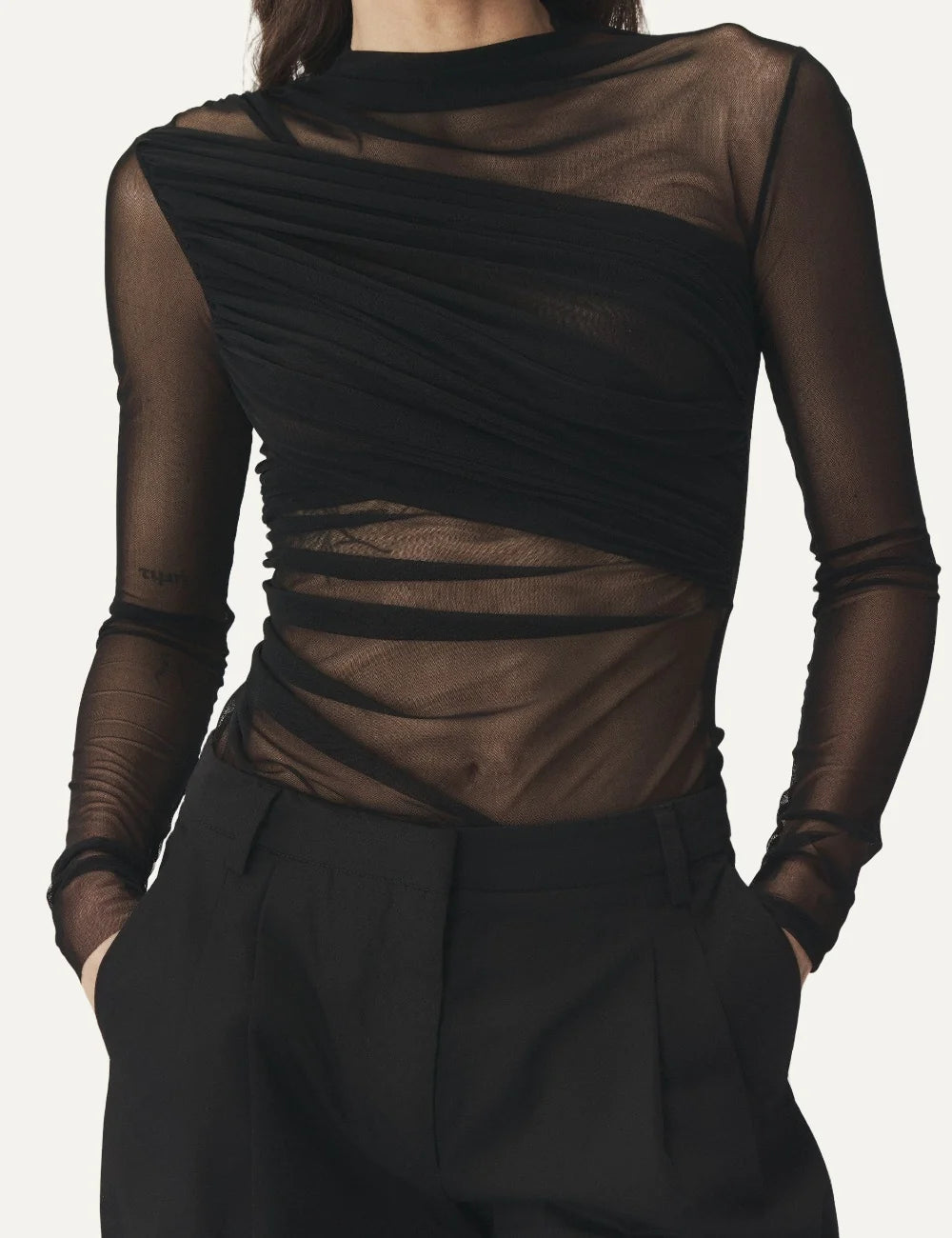 AYME Milano women Nebula black semi-sheer tulle draped long sleeve top front view
