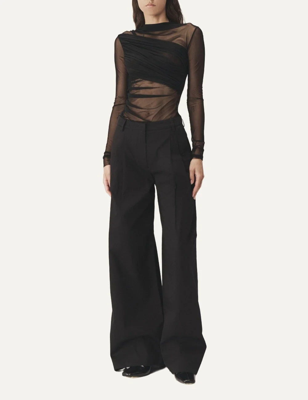 AYME Milano women Nebula black semi-sheer tulle draped long sleeve topfront view full look 