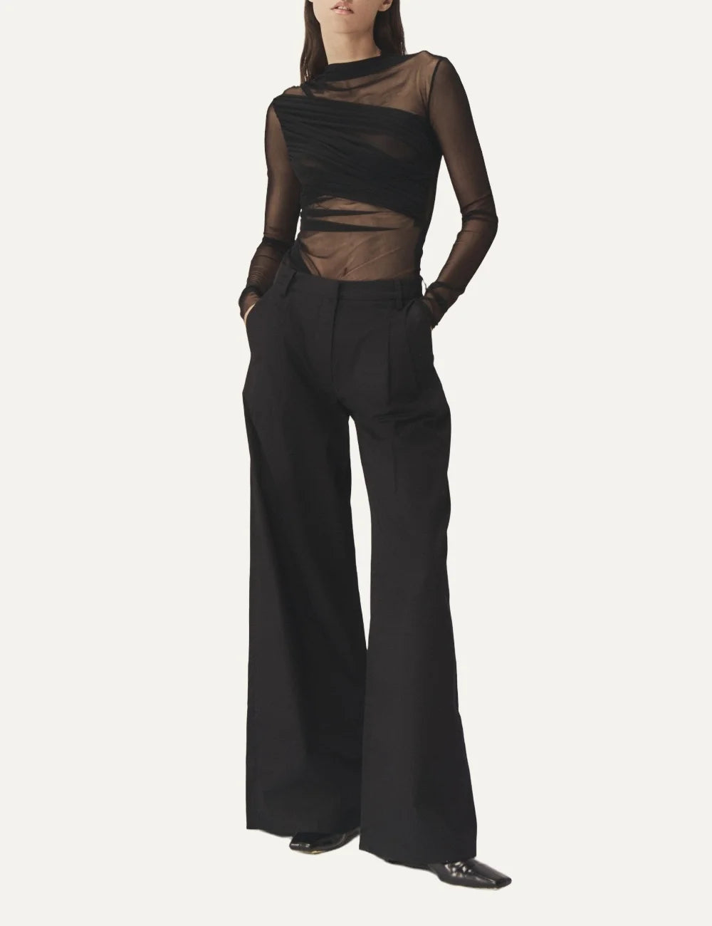 AYME Milano women Nebula black semi-sheer tulle draped long sleeve top full look
