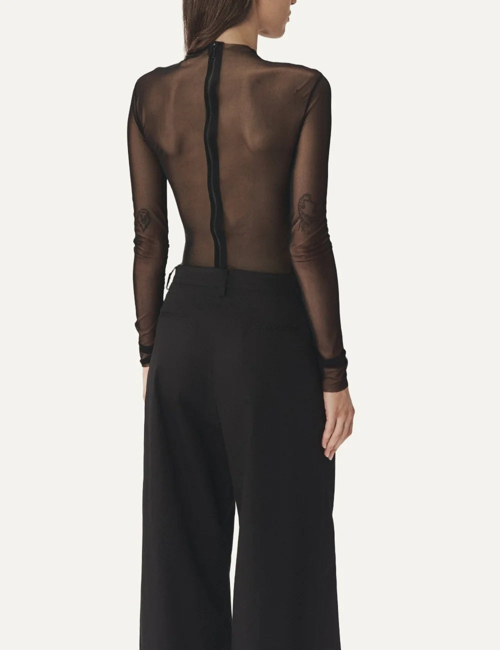 AYME Milano women Nebula black semi-sheer tulle draped long sleeve topback view
