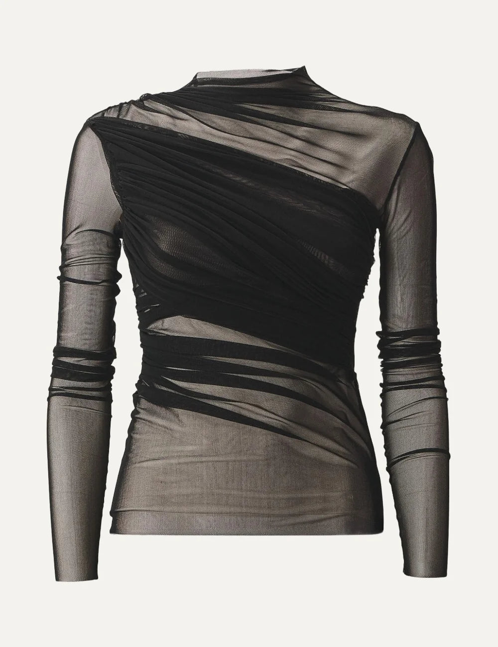 AYME Milano women Nebula black semi-sheer tulle draped long sleeve top product shot