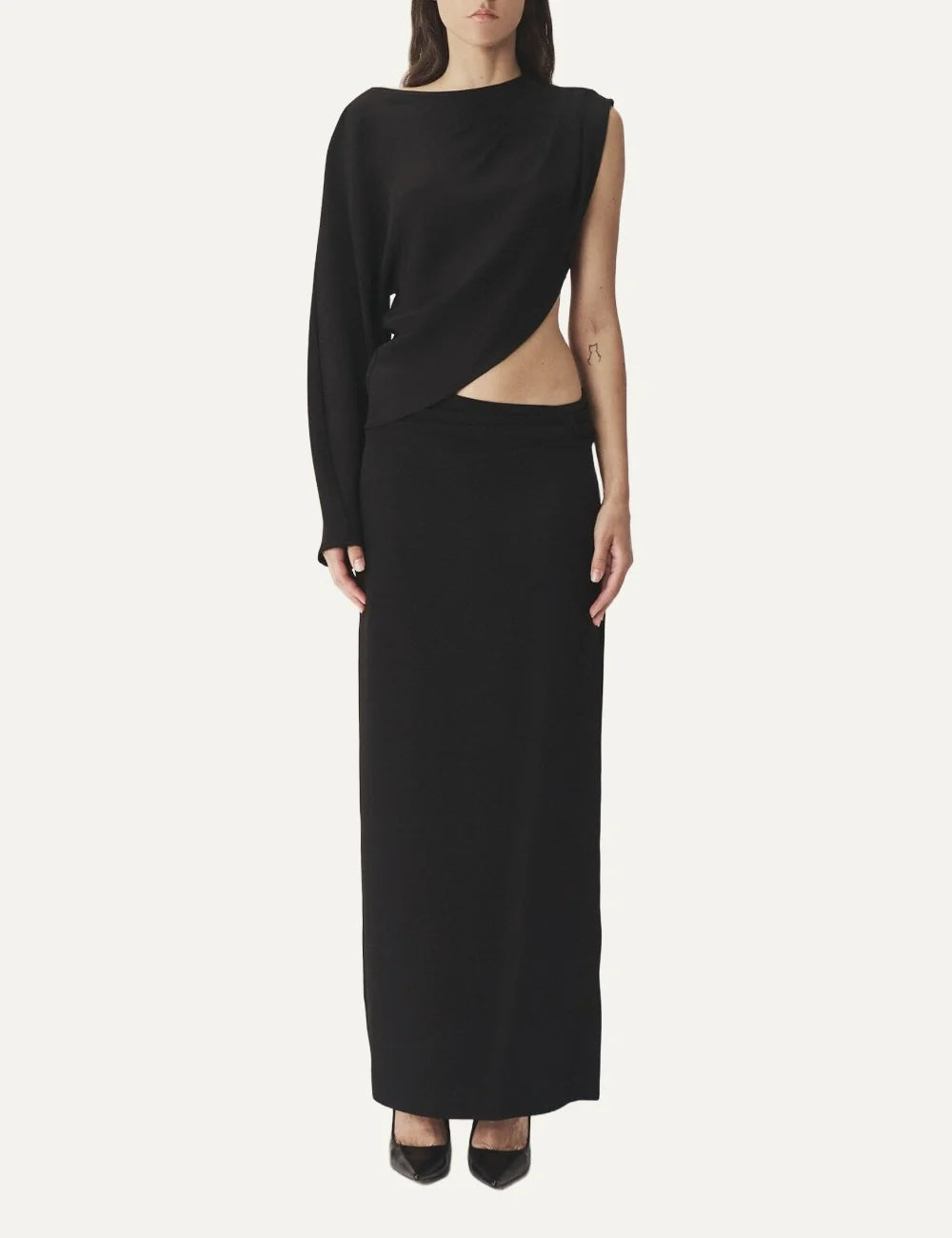 AYME Milano women Oblio black long viscose skirt with asymmetric draped waist and side slitfront view