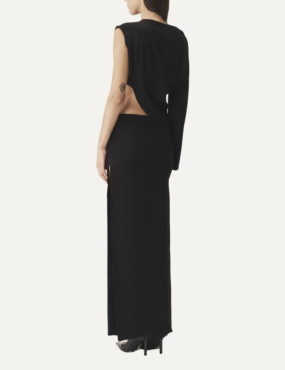 AYME Milano women Oblio black long viscose skirt with asymmetric draped waist and side slitback view