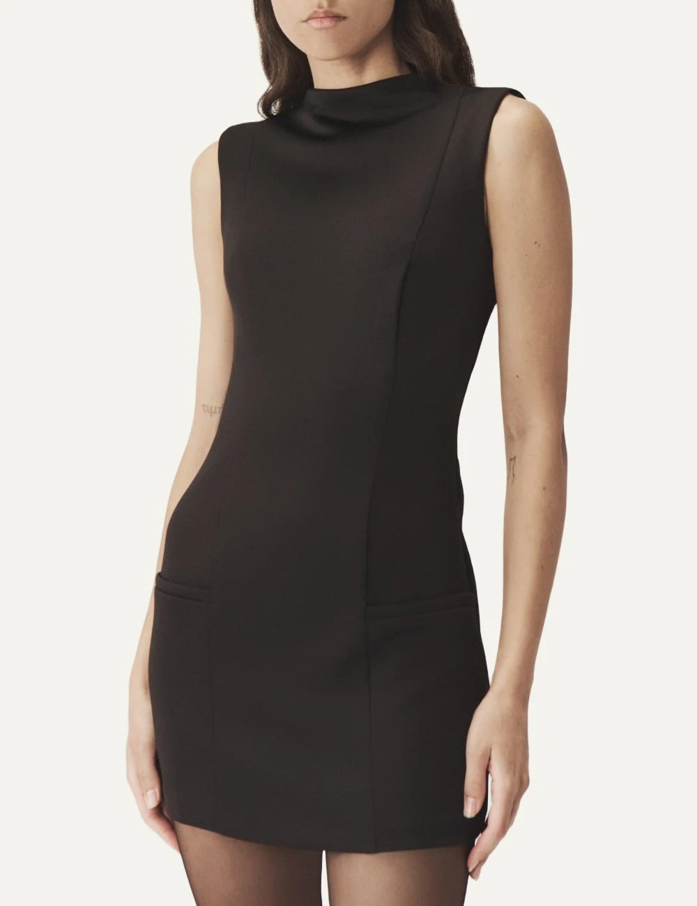 AYME Milano women Sophia black sleeveless fitted scuba mini dress front view close up