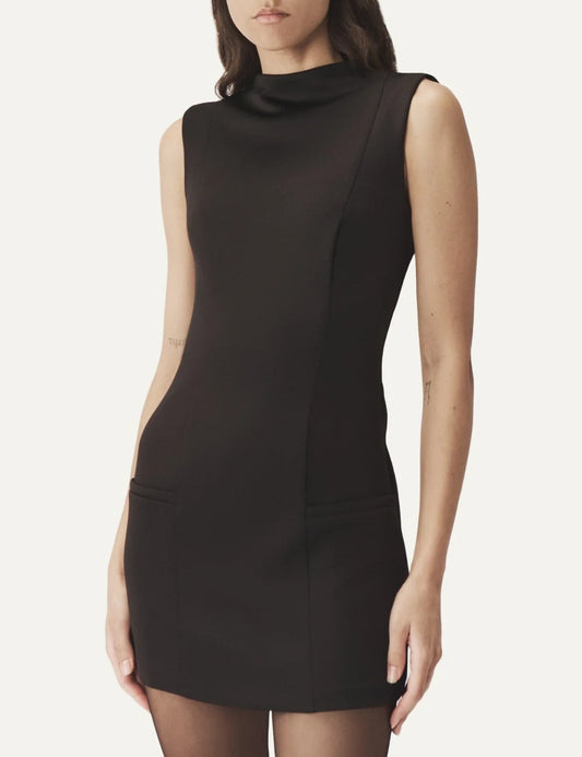 AYME Milano women Sophia black sleeveless fitted scuba mini dress front view close up