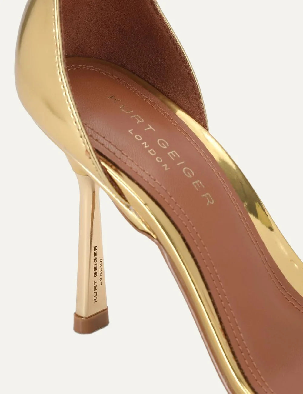Kurt Geiger London Bank Drench metallic gold patent leather heeled sandals with front strap, adjustable ankle buckle and gold stiletto heel back detail