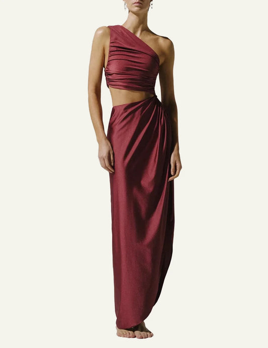 Baobab Aurora maxi dress burgundy one shoulder cut out front view