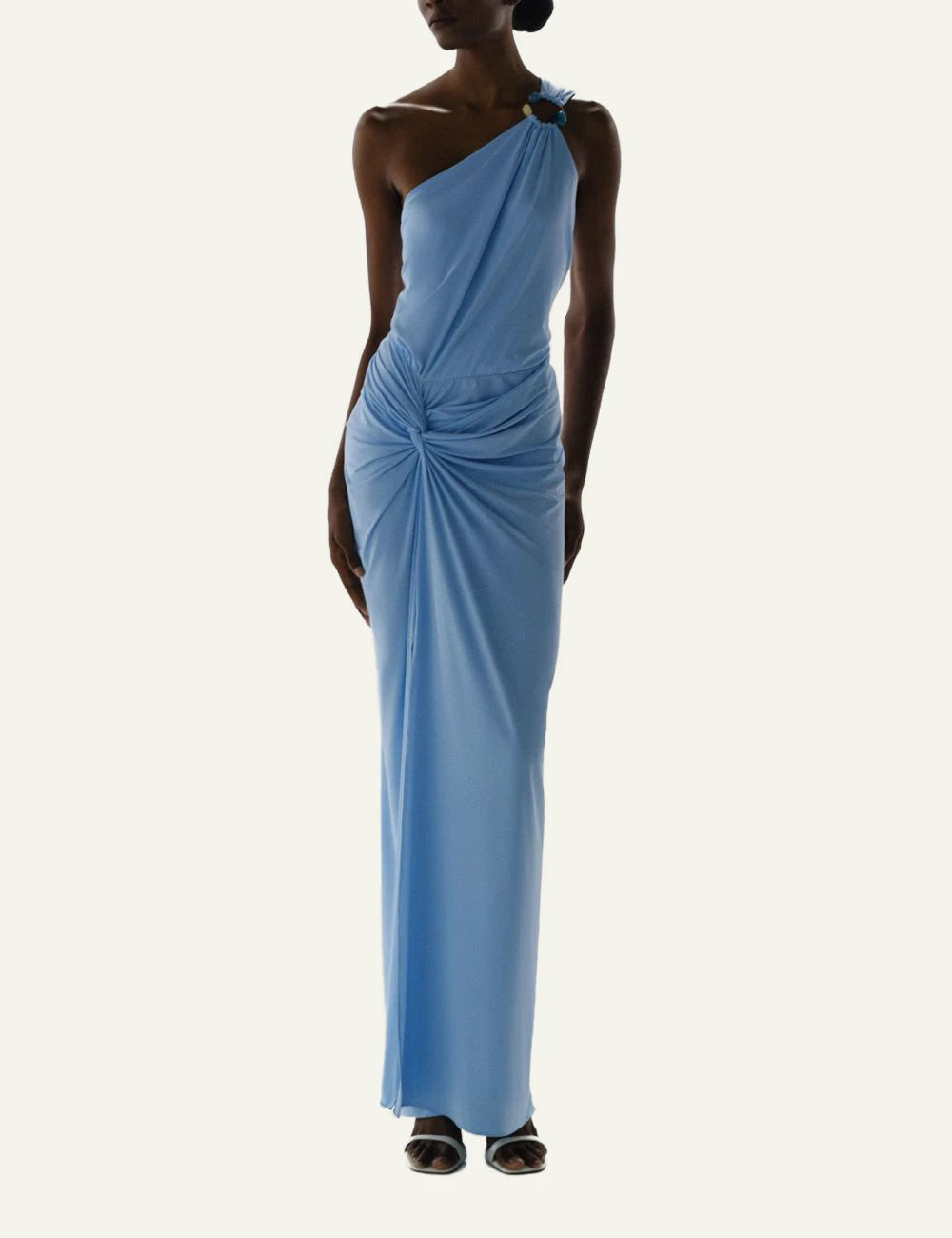 Baobab Canoa maxi dress cielo de puna one shoulder knot front view