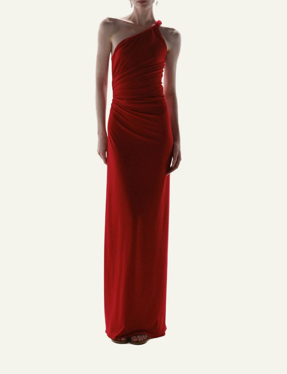 Baobab Celele maxi dress rojo inti one shoulder ruched front view