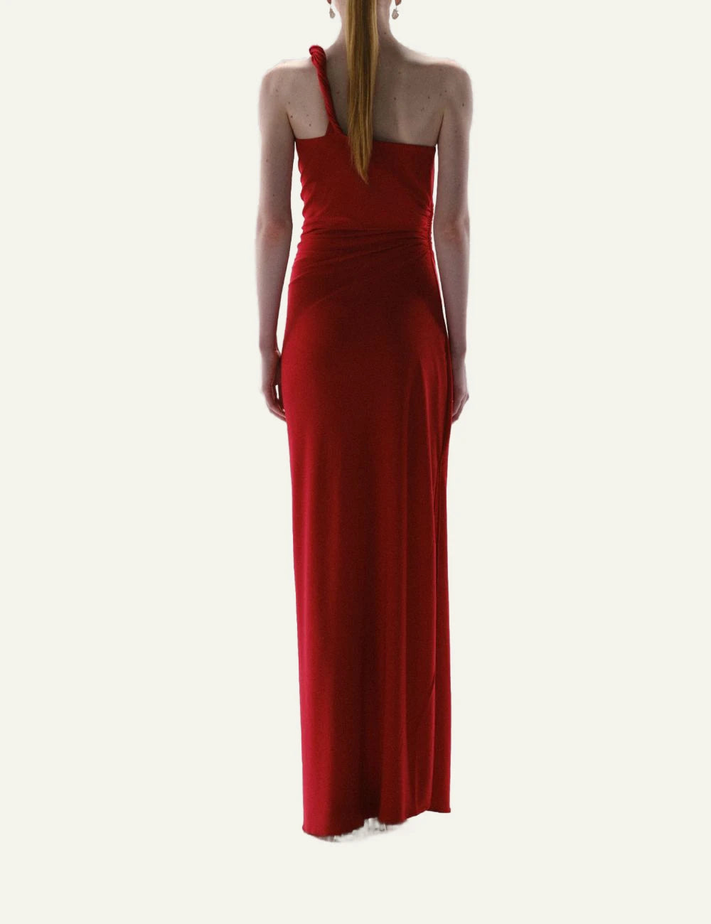 Baobab Celele maxi dress rojo inti one shoulder ruched back view