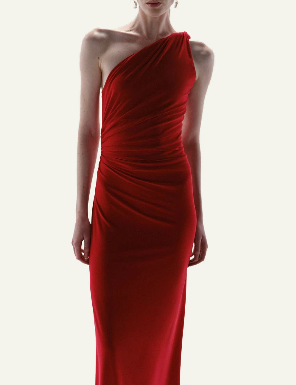 Baobab Celele maxi dress rojo inti one shoulder ruched front view details