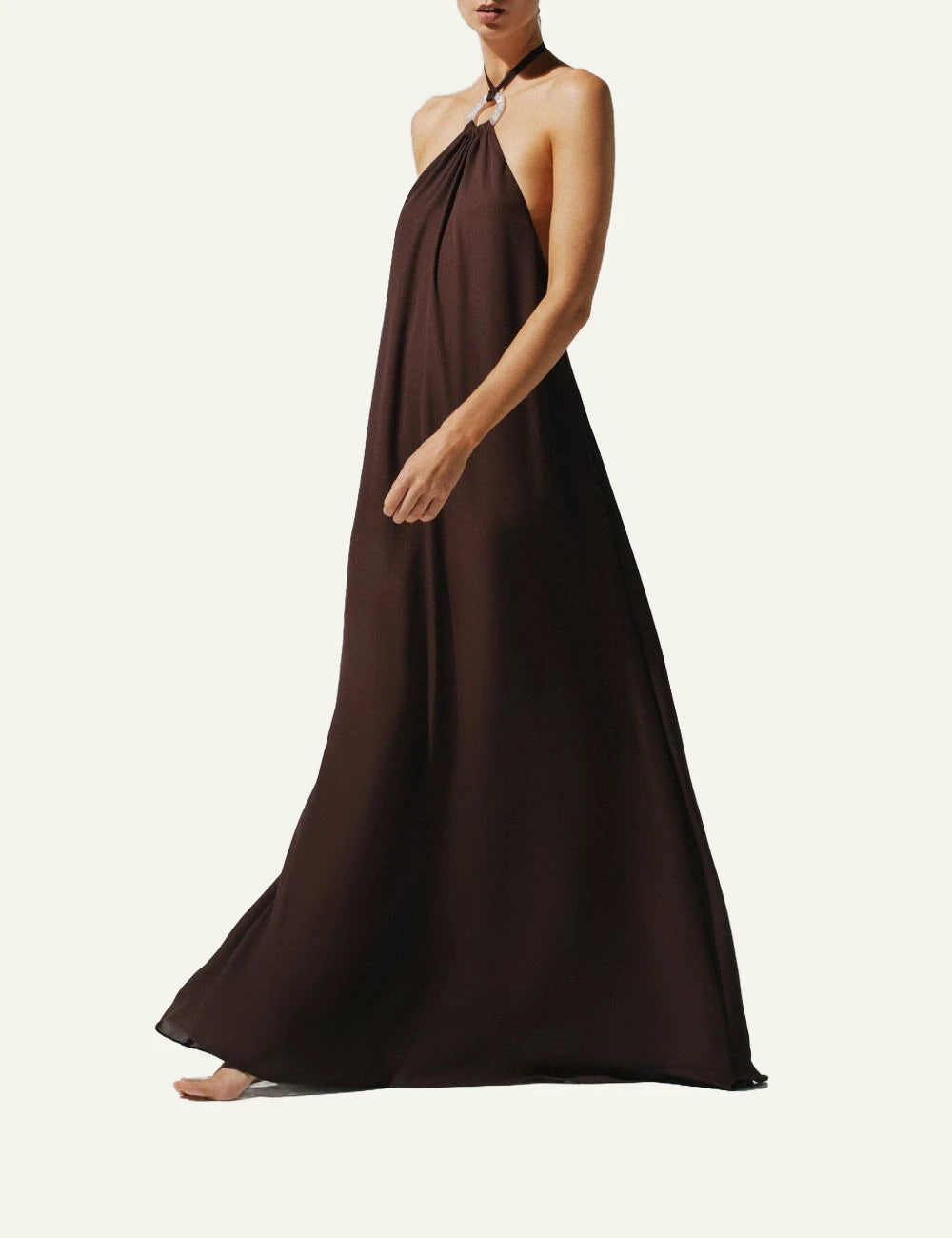 Baobab Flora maxi dress cocoa halter open back front view