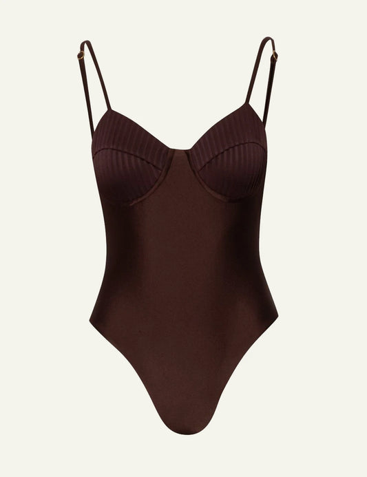 Baobab Roma one piece cacao textured balconette swimsuit front view