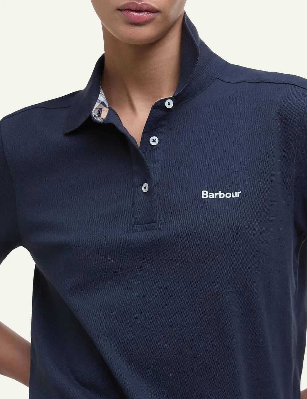 barbour bowford polo navy cotton slim fit logo chest front detail view