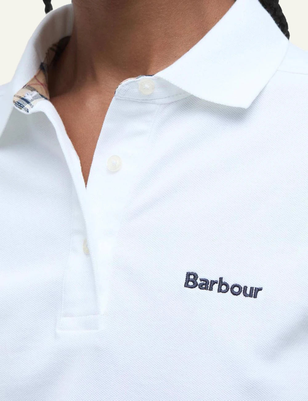 barbour bowford polo white cotton slim fit logo chest front detail view