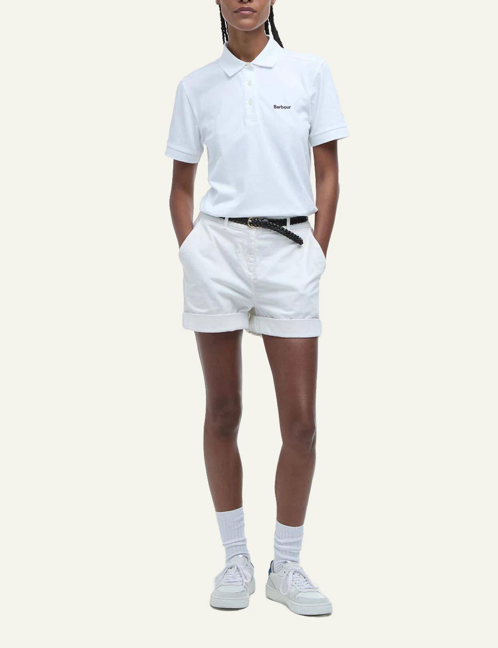 barbour bowford polo white cotton slim fit logo chest front full body view