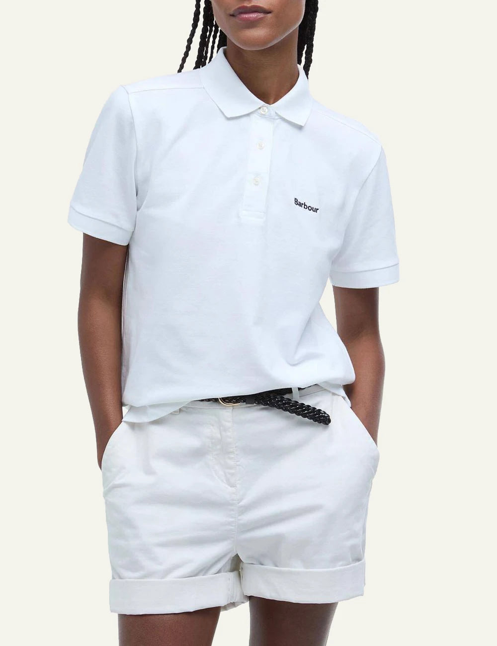 barbour bowford polo white cotton slim fit logo chest front model view