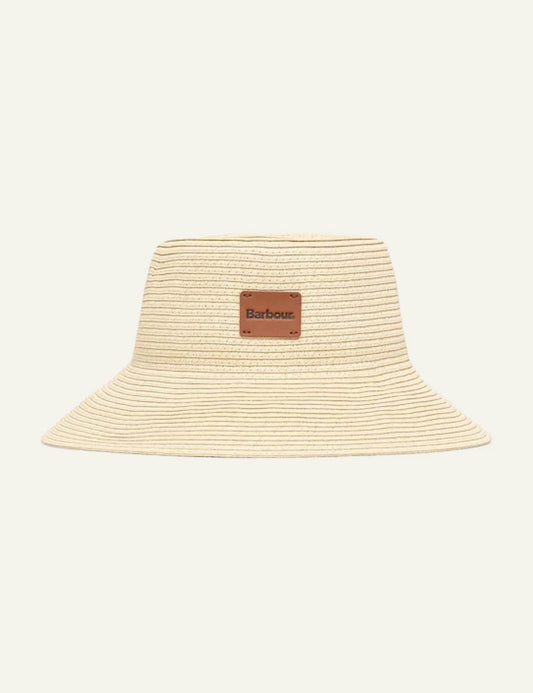 barbour bucket hat beige with logo patch front view