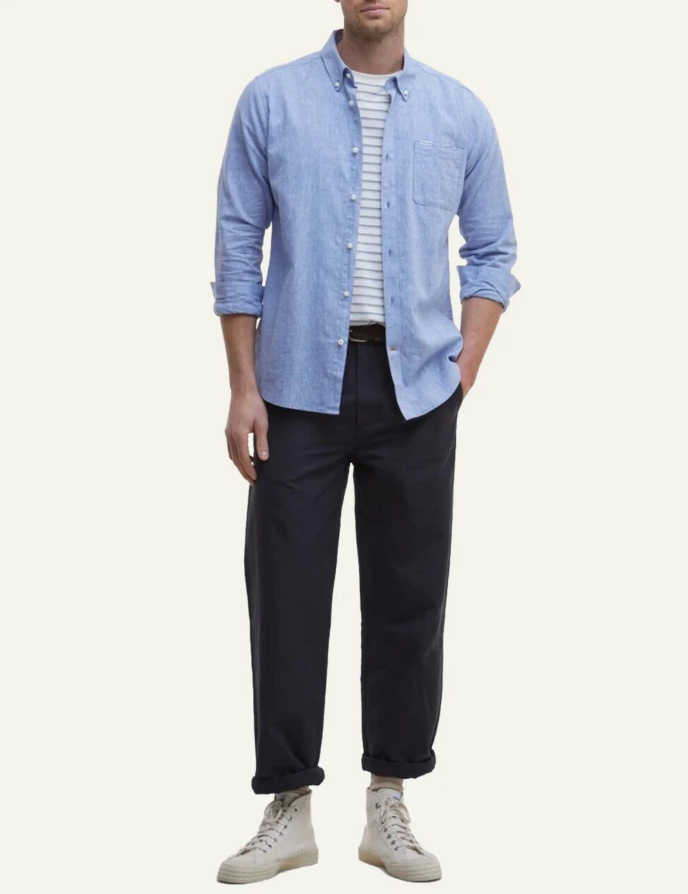 barbour button down shirt light blue front full body view