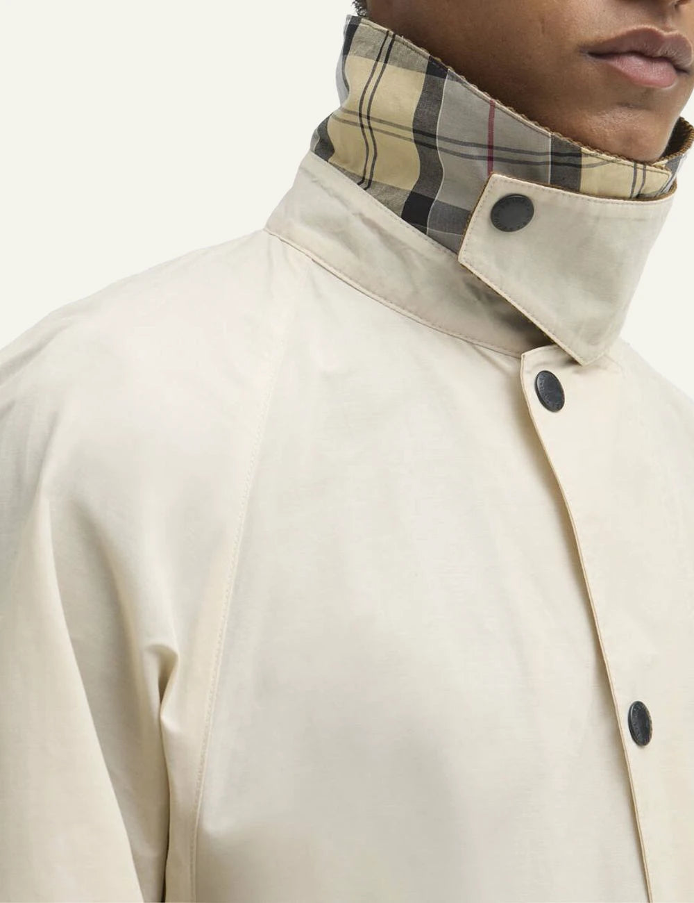 barbour casual jacket beige with cord collar front detail view