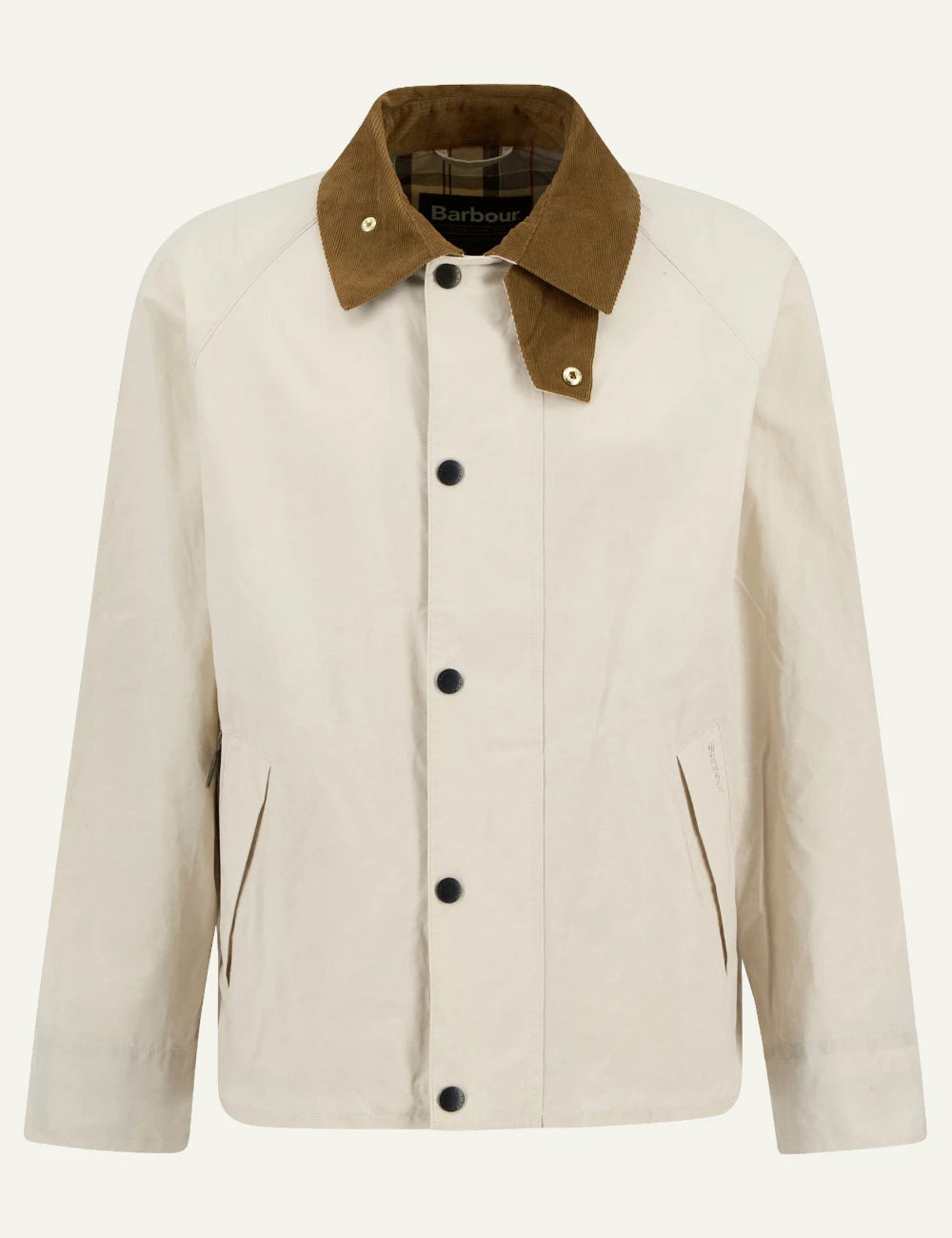 barbour casual jacket beige with cord collar front flat view