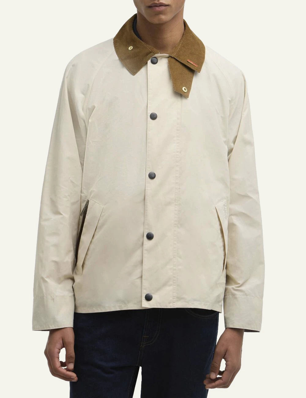barbour casual jacket beige with cord collar front model view