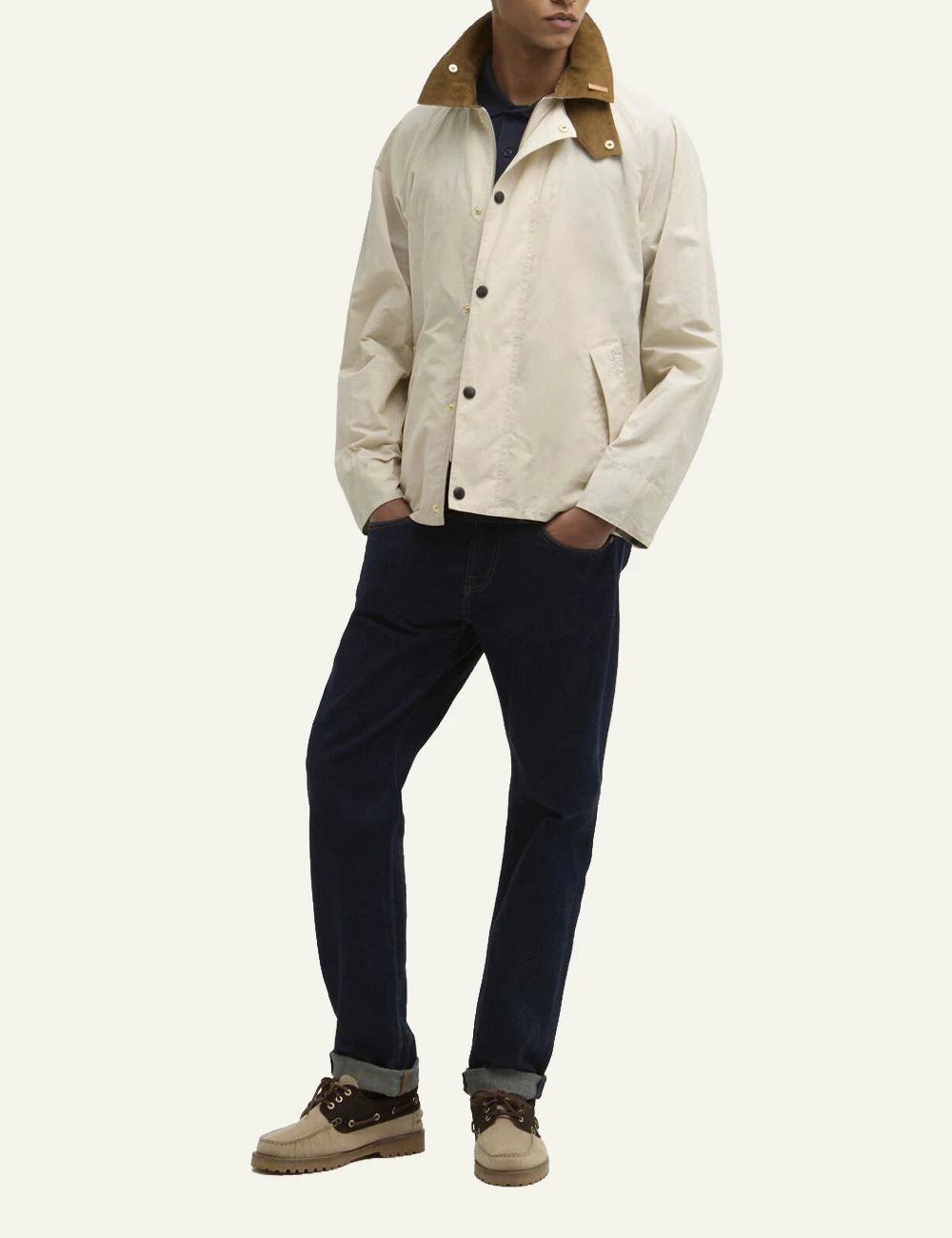 barbour casual jacket beige with cord collar front full body view