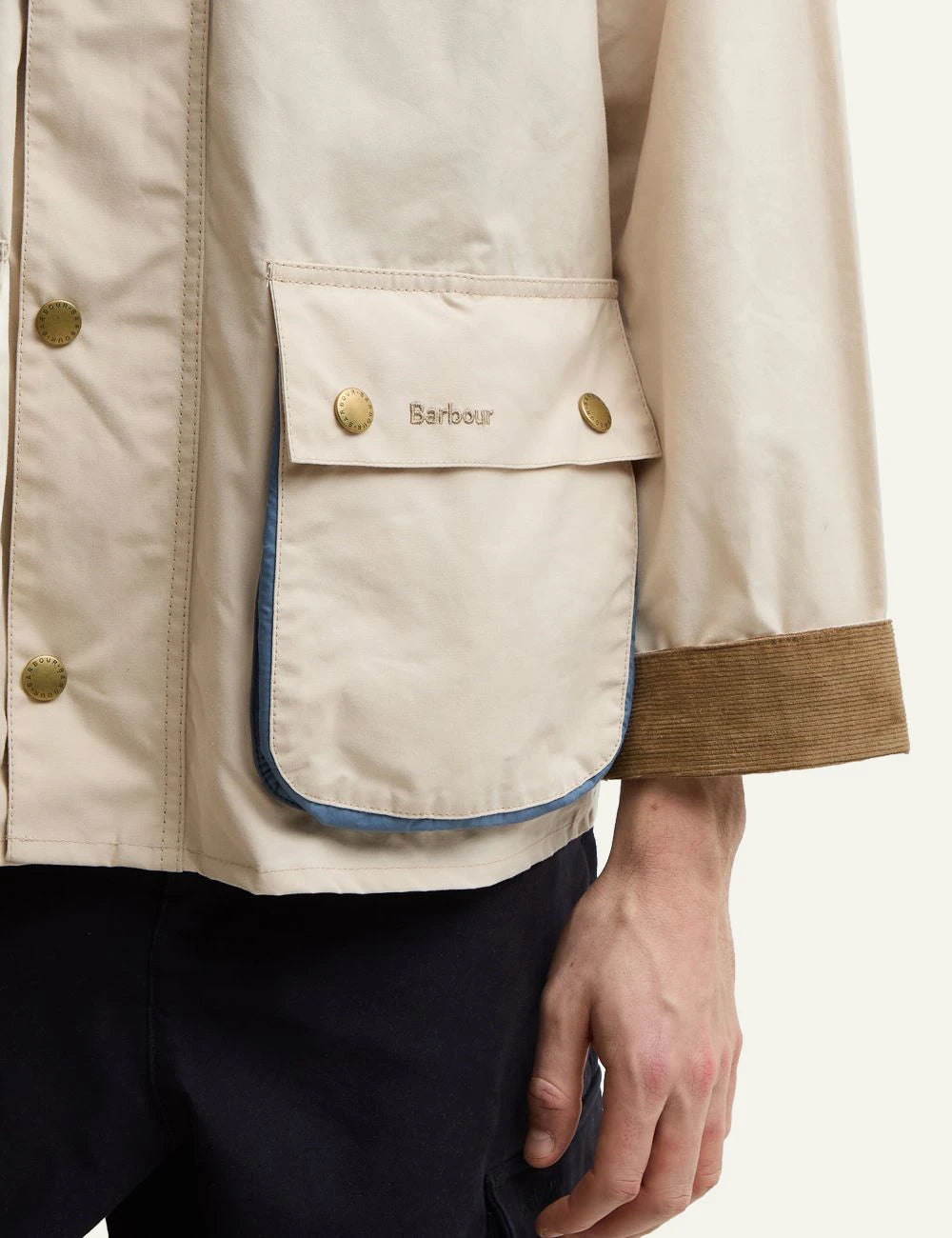 barbour field jacket beige with cord collar front pocket view