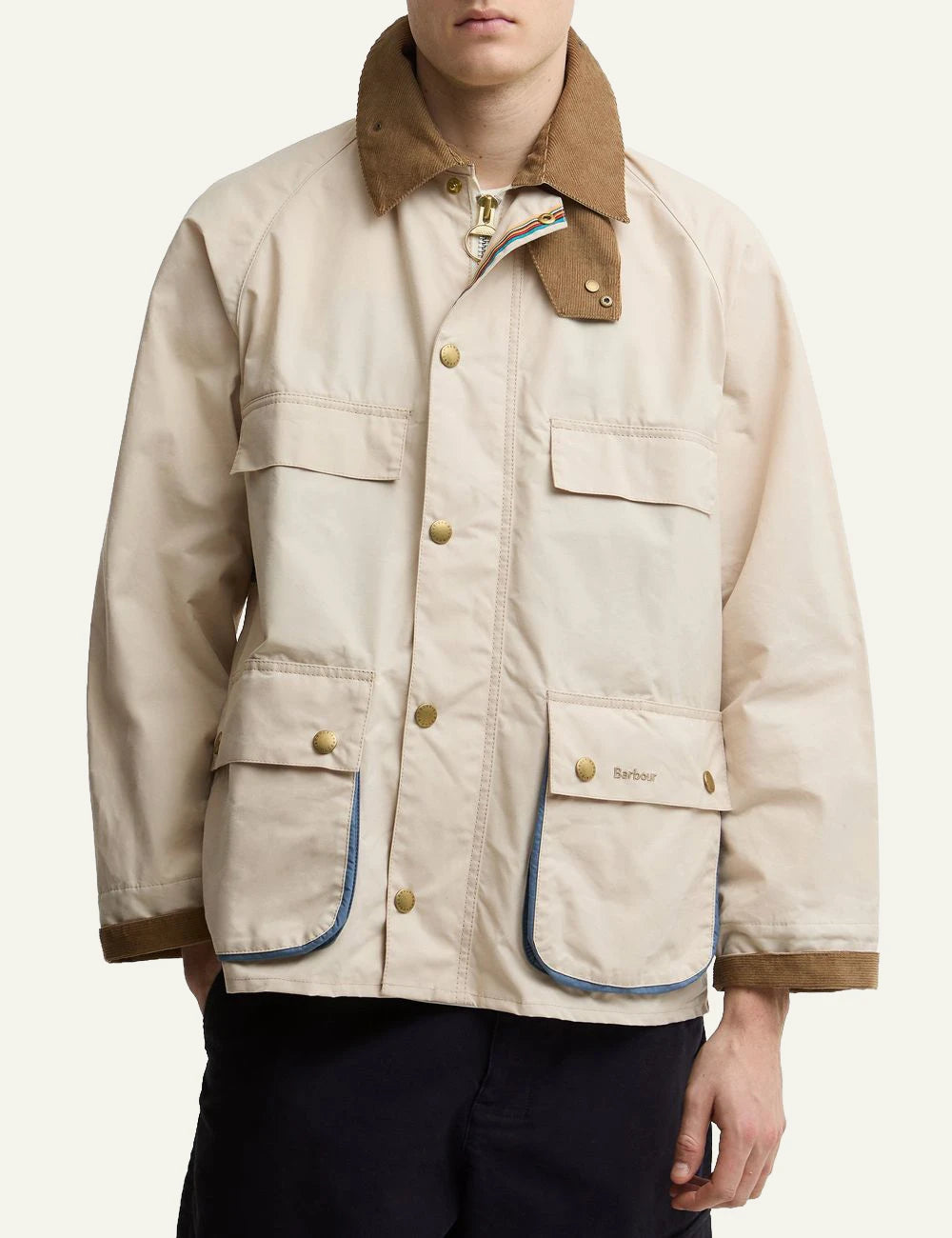 barbour field jacket beige with cord collar front model view