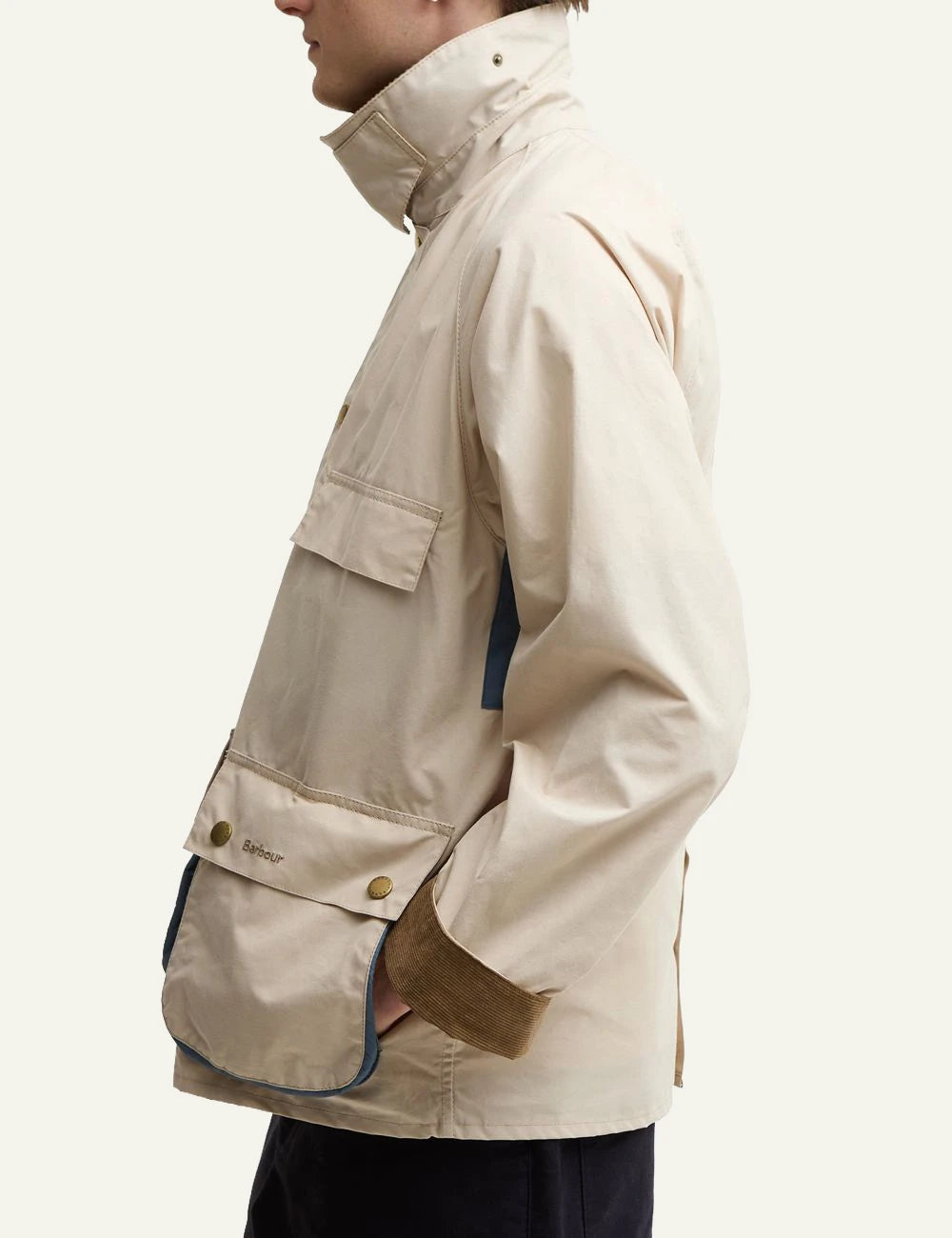 barbour field jacket beige with cord collar side view