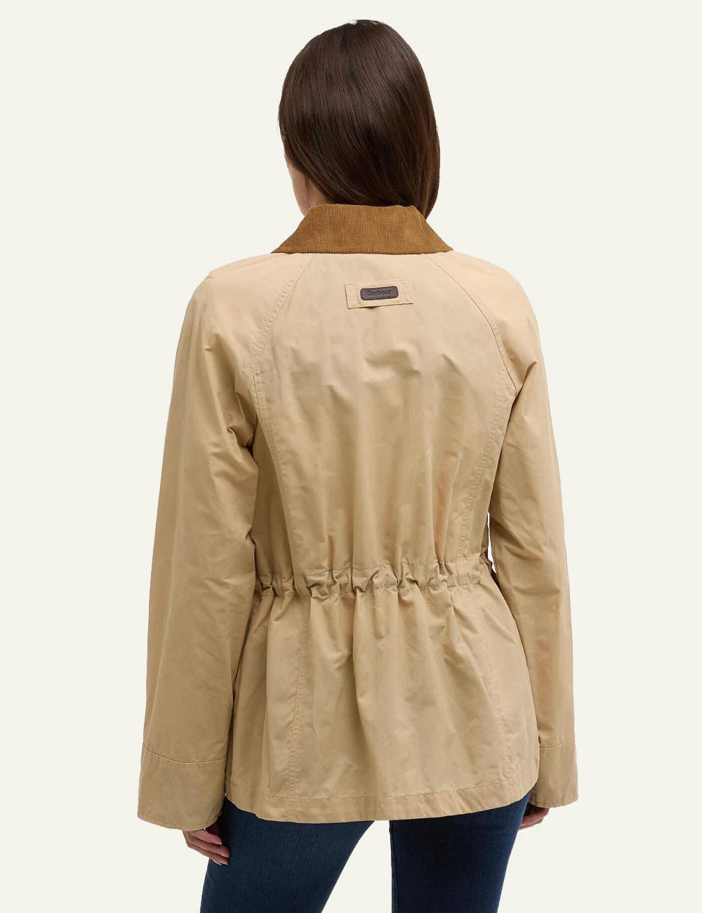 barbour four pocket jacket beige cord collar drawcord waist back view