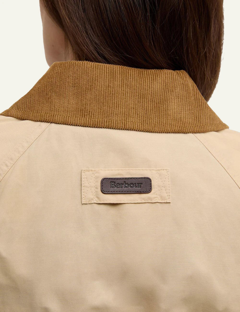 barbour four pocket jacket beige cord collar drawcord waist back detail view