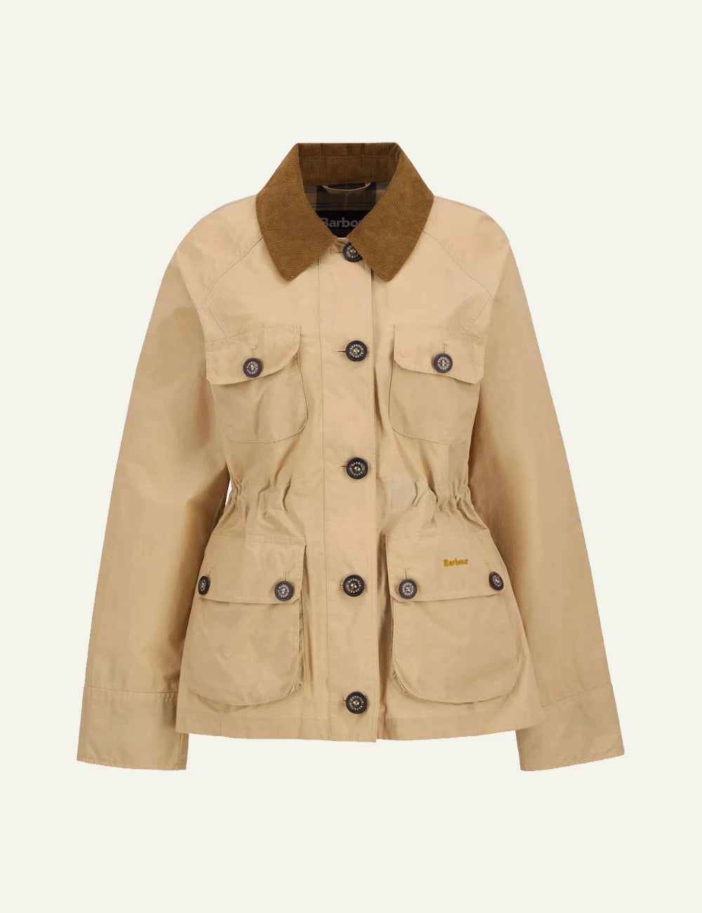 barbour four pocket jacket beige cord collar drawcord waist front view