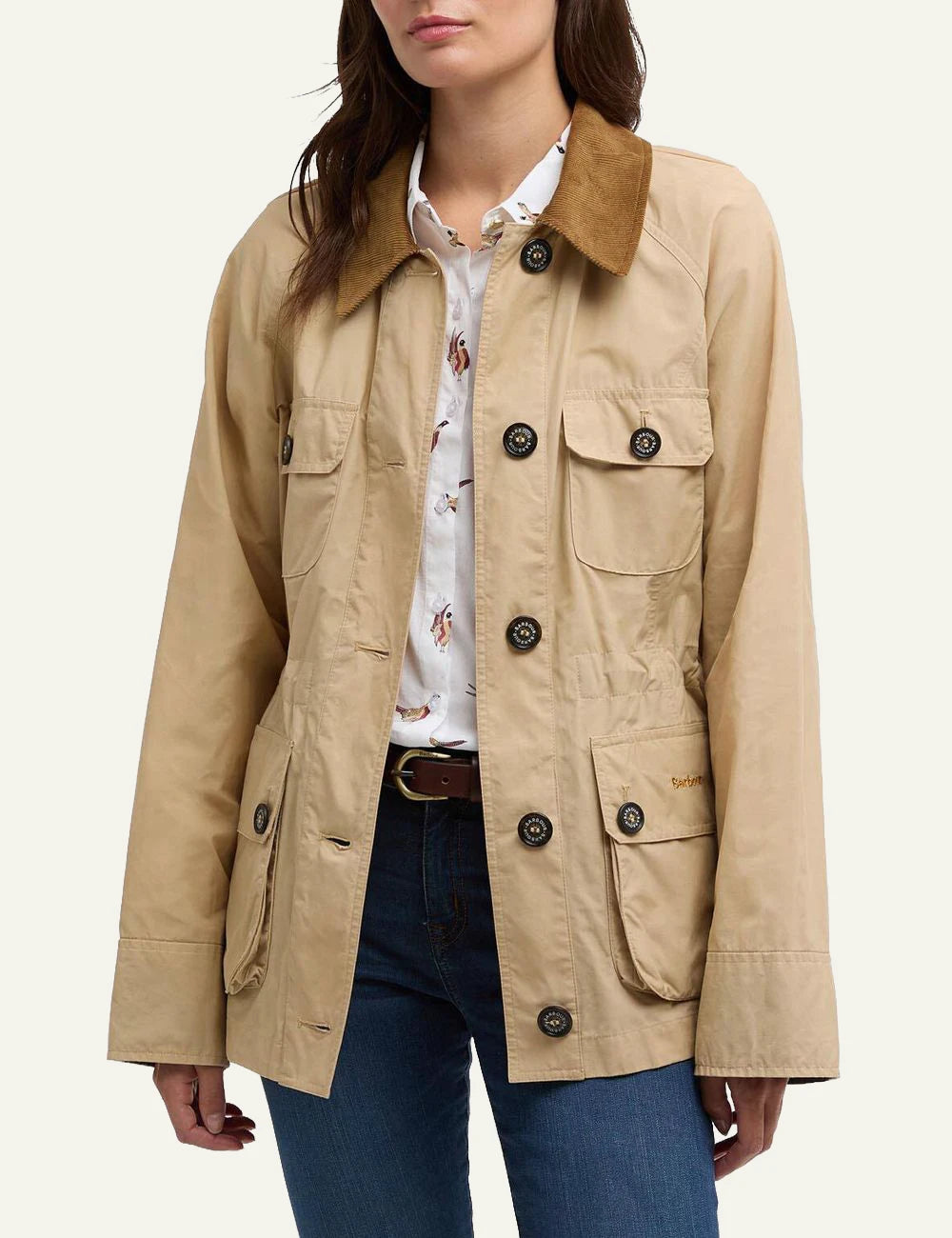 barbour four pocket jacket beige cord collar drawcord waist front model view
